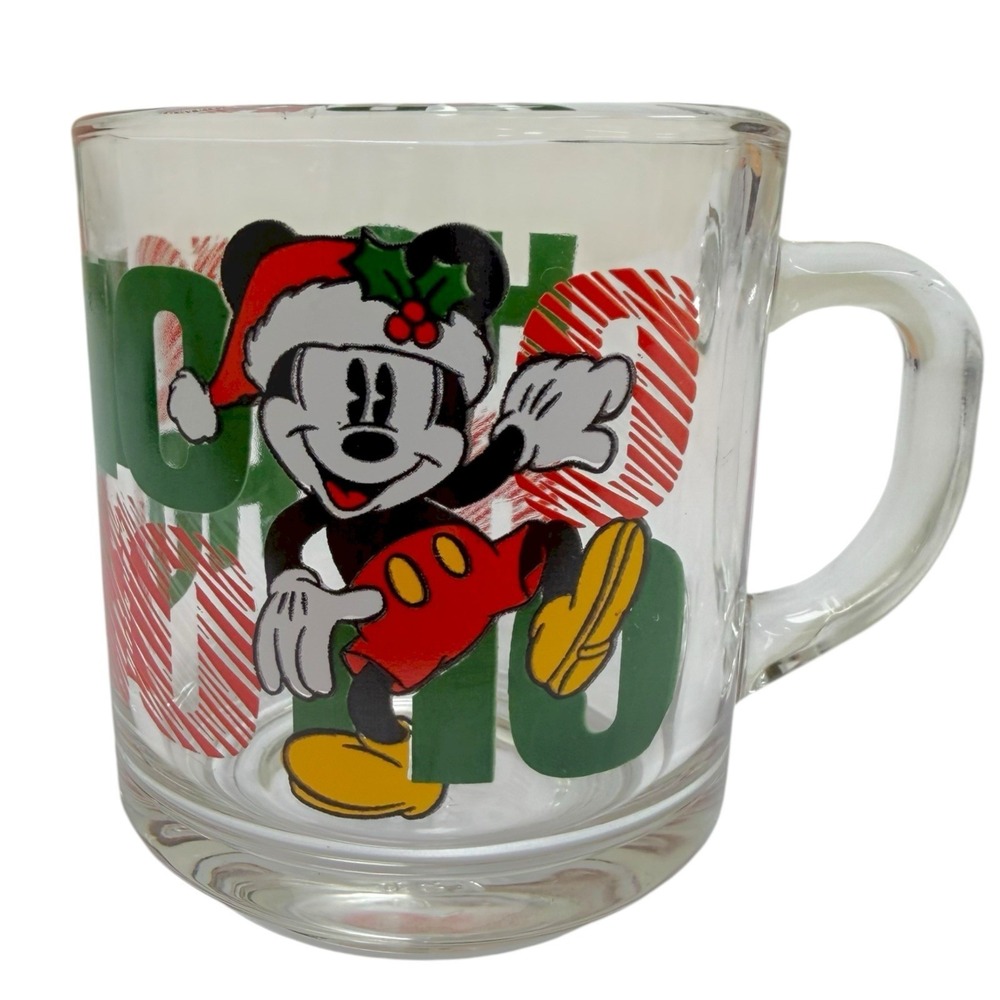 Vtg Anchor Hocking Disney Mickey Mouse Santa Christmas Holiday Glass Coffee Cup